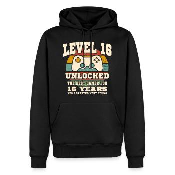 Niveau 16 débloqué - anniversaire 16 ans - Sweat à capuche Premium bio Homme - noir - Devant - Nico (187cm)