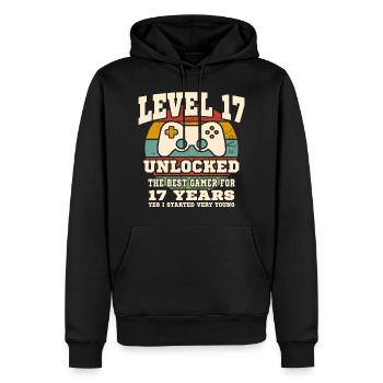 Niveau 17 débloqué - anniversaire 17 ans - Sweat à capuche Premium bio Homme - noir - Devant - Nico (187cm)