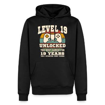 Stufe 19 freigeschaltet – 19. Jahrestag - Männer Premium Bio Hoodie - Schwarz - Vorne - Nico (187cm)