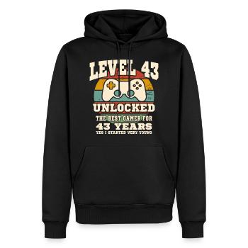 Niveau 43 débloqué - anniversaire 43 ans - Sweat à capuche Premium bio Homme - noir - Devant - Nico (187cm)