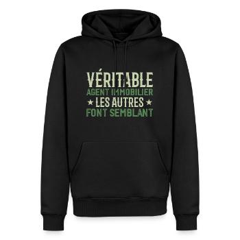 Véritable agent immobilier Cadeau Humour - Sweat à capuche Premium bio Homme - noir - Devant - Nico (187cm)