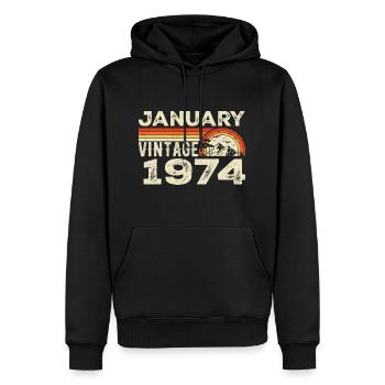 Janvier 1974 Vintage Anniversaire 1974, Né en 1974 - Sweat à capuche Premium bio Homme - noir - Devant - Nico (187cm)