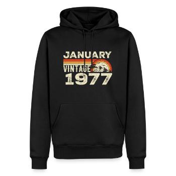 Janvier 1977 Vintage Anniversaire 1977, Né en 1977 - Sweat à capuche Premium bio Homme - noir - Devant - Nico (187cm)