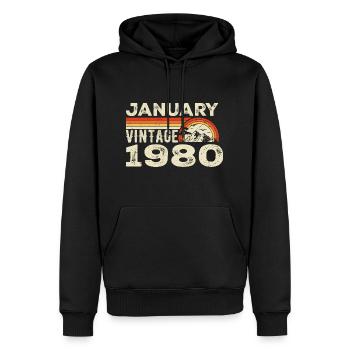 Janvier 1980 Vintage Anniversaire 1980, Né en 1980 - Sweat à capuche Premium bio Homme - noir - Devant - Nico (187cm)