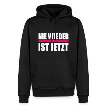 Nie wieder ist jetzt - Männer Premium Bio Hoodie - Schwarz - Vorne - Nico (187cm)