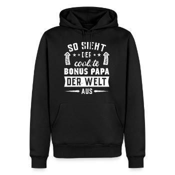 SO SIEHT DER COOLSTE BONUSPAPA DER WELT AUS - Männer Premium Bio Hoodie - Schwarz - Vorne - Nico (187cm)