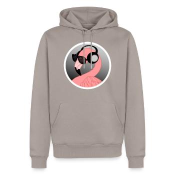 Flamingo with sunglasses and headphones - Men’s Premium Organic Hoodie - taupe - Front - Nico (187cm)
