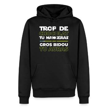 Phrase drôle chocolat humour - Sweat à capuche Premium bio Homme - noir - Devant - Nico (187cm)