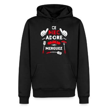 Ce mec adore les merguez - Sweat à capuche Premium bio Homme - noir - Devant - Nico (187cm)