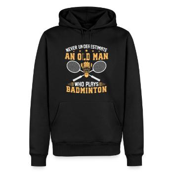 Unterschätze niemals einen alten Mann, der Badminton spielt. - Männer Premium Bio Hoodie - Schwarz - Vorne - Nico (187cm)