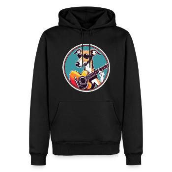 Whippet Chien en lunettes de soleil jouant de la guitare - Sweat à capuche Premium bio Homme - noir - Devant - Nico (187cm)