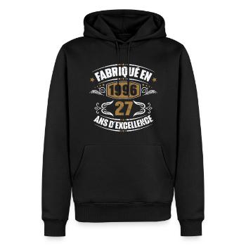 Cadeau d'anniversaire 27 ans, Fabriqué en 1996 - Sweat à capuche Premium bio Homme - noir - Devant - Nico (187cm)