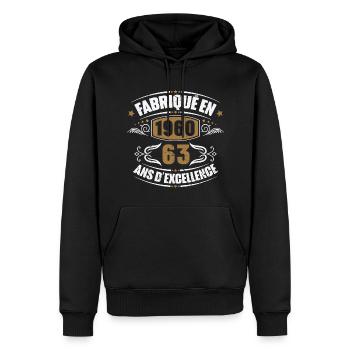 Cadeau d'anniversaire 63 ans, Fabriqué en 1960 - Sweat à capuche Premium bio Homme - noir - Devant - Nico (187cm)