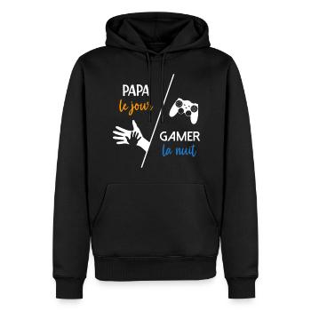 Papa le jour gamer la nuit - humour parent - Sweat à capuche Premium bio Homme - noir - Devant - Nico (187cm)