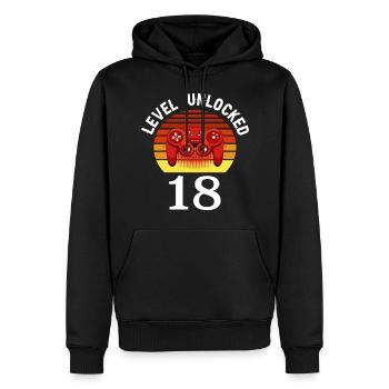 Niveau 18 débloqué 18 Anniversaire 18 ans - Sweat à capuche Premium bio Homme - noir - Devant - Nico (187cm)