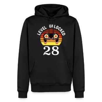 Niveau 28 débloqué 28 Anniversaire 28 ans - Sweat à capuche Premium bio Homme - noir - Devant - Nico (187cm)