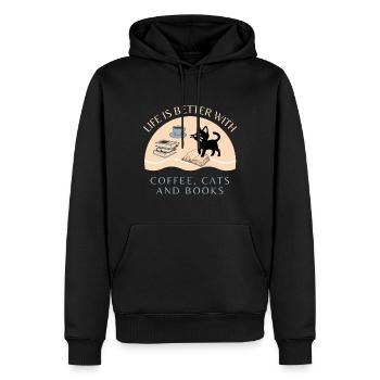Café, chats et livres - Sweat à capuche Premium bio Homme - noir - Devant - Nico (187cm)