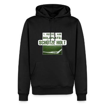 1. Regel am Bolzplatz: Schütze holt - Männer Premium Bio Hoodie - Schwarz - Vorne - Nico (187cm)