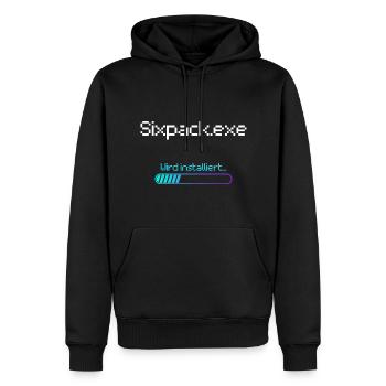Sixpack EXE lustig Schriftzug für Fitness Training - Männer Premium Bio Hoodie - Schwarz - Vorne - Nico (187cm)