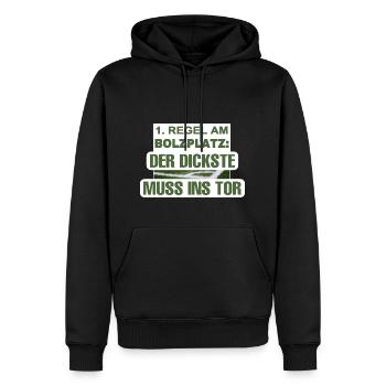 1. Regel am Bolzplatz: Der Dickste holt - Männer Premium Bio Hoodie - Schwarz - Vorne - Nico (187cm)