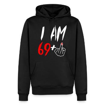 70e anniversaire - Sweat à capuche Premium bio Homme - noir - Devant - Nico (187cm)