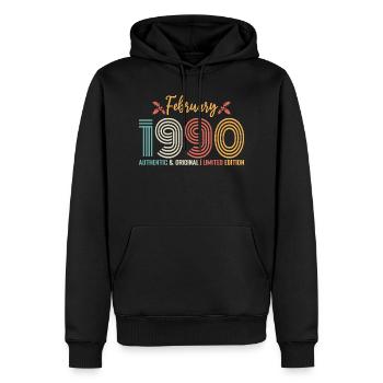 Février 1990 anniversaire Février 1990 rétro - Sweat à capuche Premium bio Homme - noir - Devant - Nico (187cm)