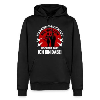 Hochzeit Married 2023 Ich bin dabei Sie wollen - Männer Premium Bio Hoodie - Schwarz - Vorne - Nico (187cm)