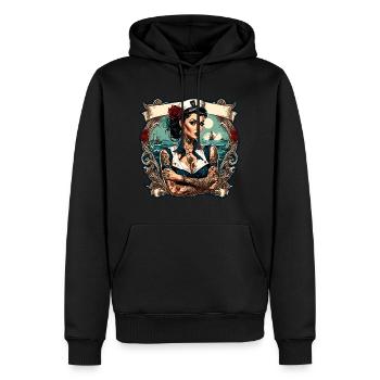 Marin / Pin-up / Navire / Bateau / Ancre / Dame - Sweat à capuche Premium bio Homme - noir - Devant - Nico (187cm)