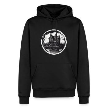 Haus am See / Hütte / See / Berge / Natur /Wald - Männer Premium Bio Hoodie - Schwarz - Vorne - Nico (187cm)