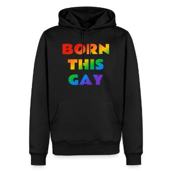 Né ce texte arc-en-ciel gay - Sweat à capuche Premium bio Homme - noir - Devant - Nico (187cm)