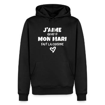 j aime mon mari / humour épouse - Sweat à capuche Premium bio Homme - noir - Devant - Nico (187cm)