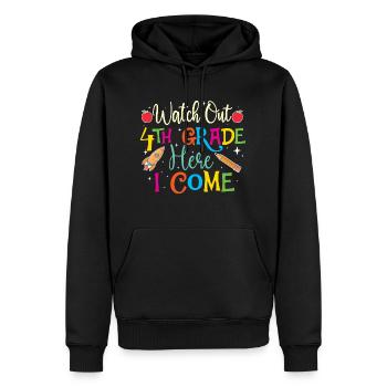 Achtung 4. Klasse, hier komme ich - Lehramt, Schüler - Männer Premium Bio Hoodie - Schwarz - Vorne - Nico (187cm)