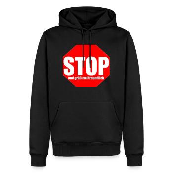 STOP und grüß mal freundlich - Männer Premium Bio Hoodie - Schwarz - Vorne - Nico (187cm)