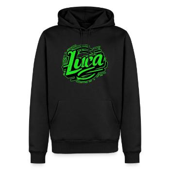 Luca Nom Graffiti vert - Sweat à capuche Premium bio Homme - noir - Devant - Nico (187cm)