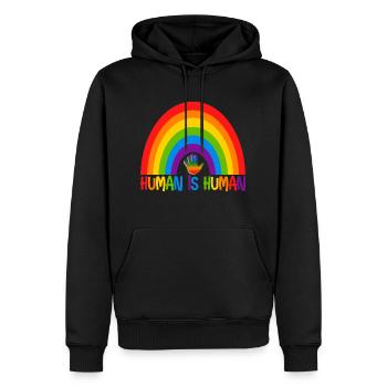 LGBTQ Human Is Human Design Regenbogenfarben - Männer Premium Bio Hoodie - Schwarz - Vorne - Nico (187cm)