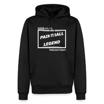 Paintball-Legende, Spiel auf Co, feel your heart logo - Männer Premium Bio Hoodie - Schwarz - Vorne - Nico (187cm)