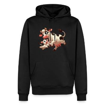 Vache mère avec enfant gambadant - Sweat à capuche Premium bio Homme - noir - Devant - Nico (187cm)