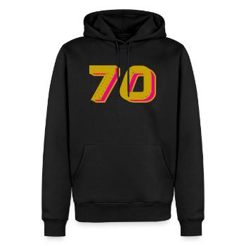 70. 70 ANS. 70e ANNIVERSAIRE. ANNIVERSAIRE 70 ANS. - Sweat à capuche Premium bio Homme - noir - Devant - Nico (187cm)