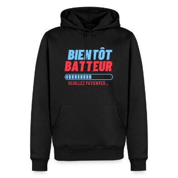 Musiciens | Bientôt Batteur veuillez patienter - Sweat à capuche Premium bio Homme - noir - Devant - Nico (187cm)