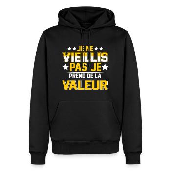 je ne viellis pas je prend de la valeur - Sweat à capuche Premium bio Homme - noir - Devant - Nico (187cm)