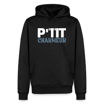 P'tit Charmeur - Bébé - Naissance - Enfant - Sweat à capuche Premium bio Homme - noir - Devant - Nico (187cm)