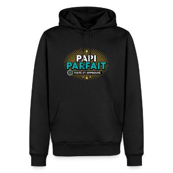 papi teste approuve - Sweat à capuche Premium bio Homme - noir - Devant - Nico (187cm)