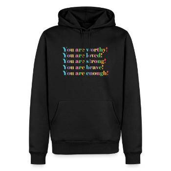 You are worthy, loved, strong, brave and enough! - Men’s Premium Organic Hoodie - black - Front - Nico (187cm)