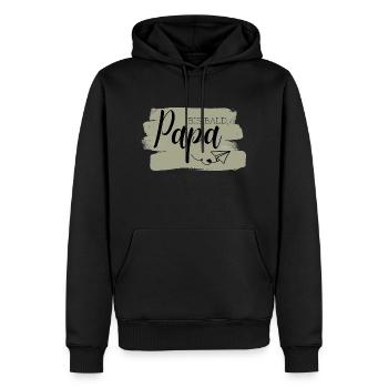Bis bald, Papa Aufdruck, Papierflieger, Olivgrün - Männer Premium Bio Hoodie - Schwarz - Vorne - Nico (187cm)