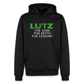 Lutz l’homme, le mythe, la légende - Sweat à capuche Premium bio Homme - noir - Devant - Nico (187cm)