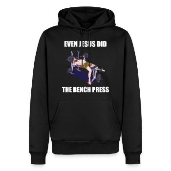 EVEN JESUS DID BENCH PRESS Bodybuilding Spruch - Männer Premium Bio Hoodie - Schwarz - Vorne - Nico (187cm)