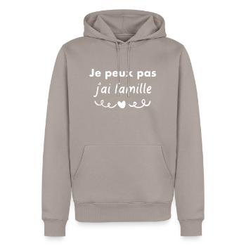 Je peux pas j’ai famille - Sweat à capuche Premium bio Homme - taupe - Devant - Nico (187cm)