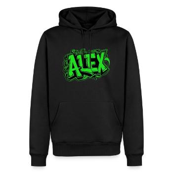 Alex Nom Graffiti Vert - Sweat à capuche Premium bio Homme - noir - Devant - Nico (187cm)