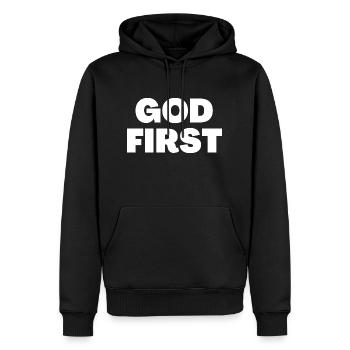 Dieu d’abord - Citations chrétiennes - Sweat à capuche Premium bio Homme - noir - Devant - Nico (187cm)