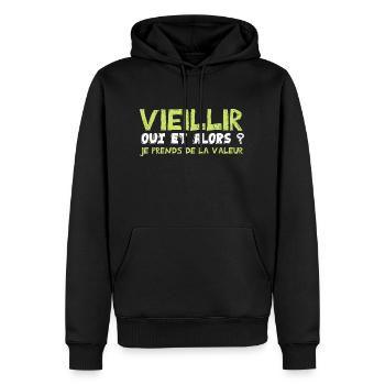 vieillir oui et alors je prends de la valeur - Sweat à capuche Premium bio Homme - noir - Devant - Nico (187cm)